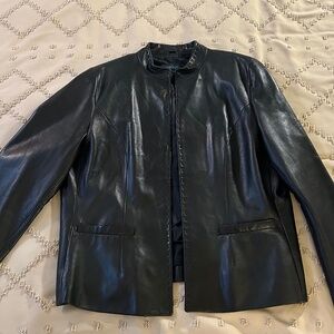 Black Leather Jacket With Buckstitch  - Eyelet Closure - Size 14/Large